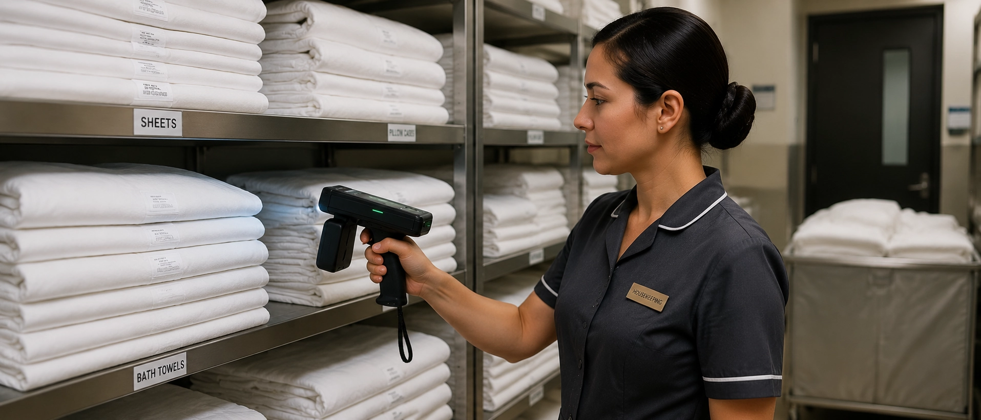 A hotel worker utilizing an RFID handheld scanner to accurately track and manage linen inventory for efficient hotel operations and loss prevention